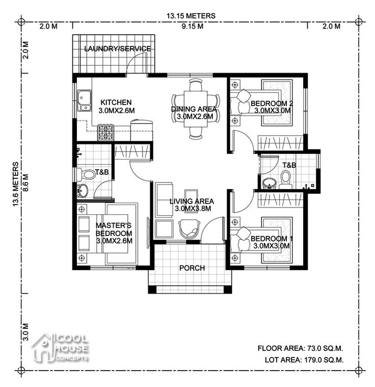 the floor plan for an apartment with three bedroom and two bathrooms, including one living room