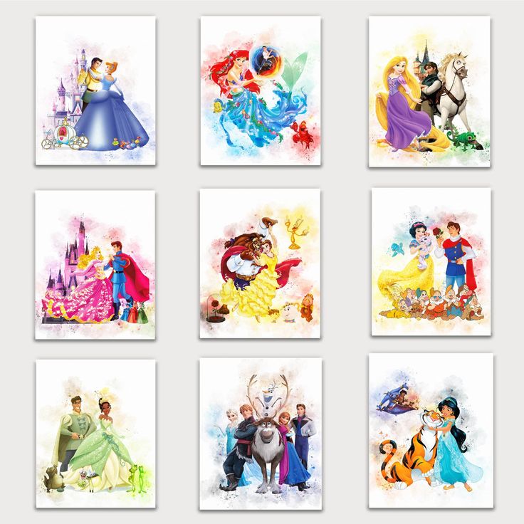 six disney princesses are shown in this set of eight prints, each with their own character