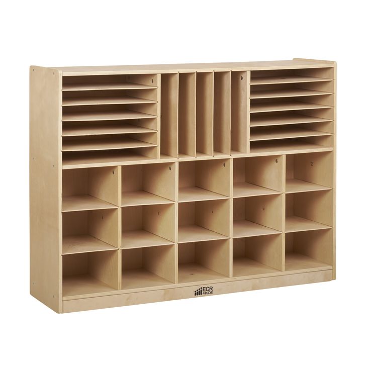 a large wooden shelf with many compartments