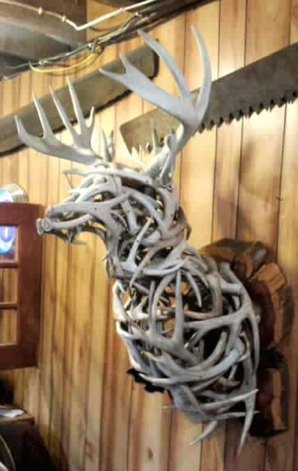 a deer head made out of antlers hanging from the side of a wooden wall