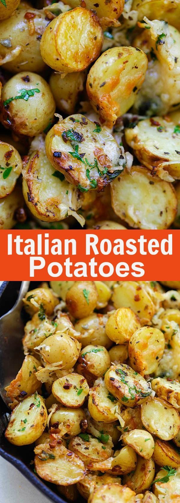 roasted potatoes with parmesan cheese and herbs on top