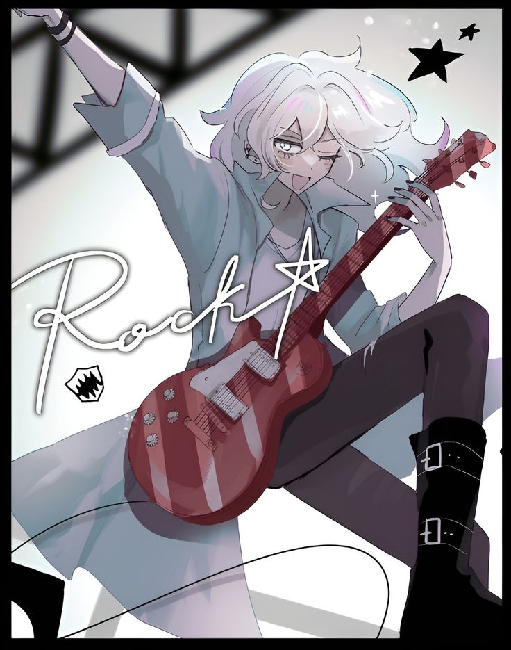 an anime character holding a guitar with the words rock star above her head and arms outstretched