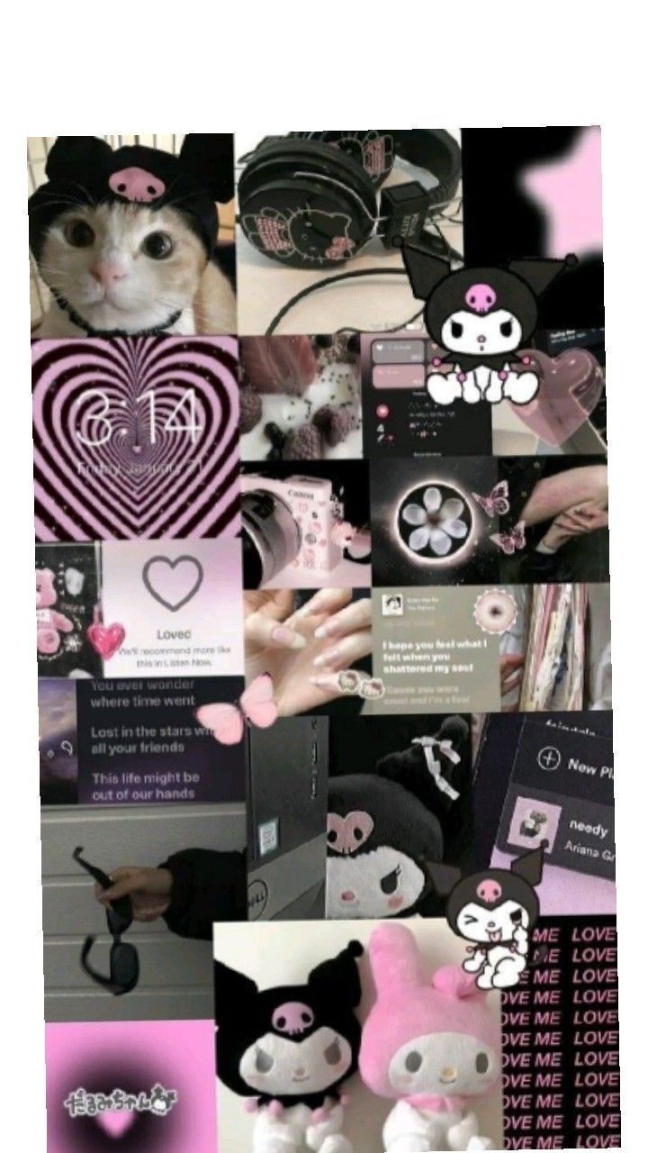 a collage of photos with pink and black items on them, including a cat