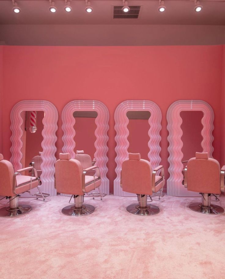 Becausewho doesn't love PINKWe love this shot from the @cj_hendry BLONDE exhibitSave this to your moodboardcreativeinteriors salonlife salonfurniture salon salondesign salonequipment hairsalonmakeover hairsalondesign salondecor interiorinspo hairsalon All Pink Salon, Pink Nail Shop Interior, 1950s Beauty Salon, Pink Hair Salon Chair, 70s Beauty Salon, Hair Salon Decor Pink, Pink Hairdressing Aesthetic, Pink Salon Decor Ideas, Groovy Hair Salon