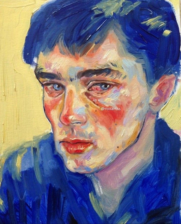 a painting of a man with blue hair