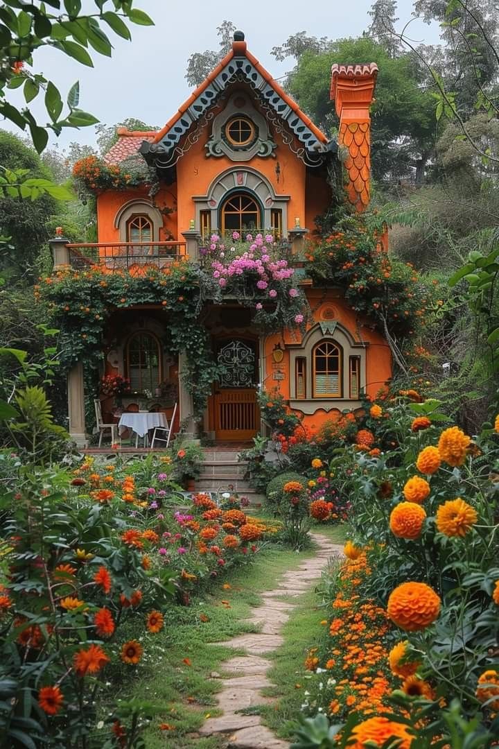 an orange house surrounded by flowers and greenery