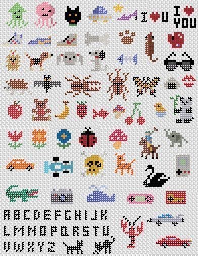 cross stitch alphabets with animals and letters on them, all in different colors to make it