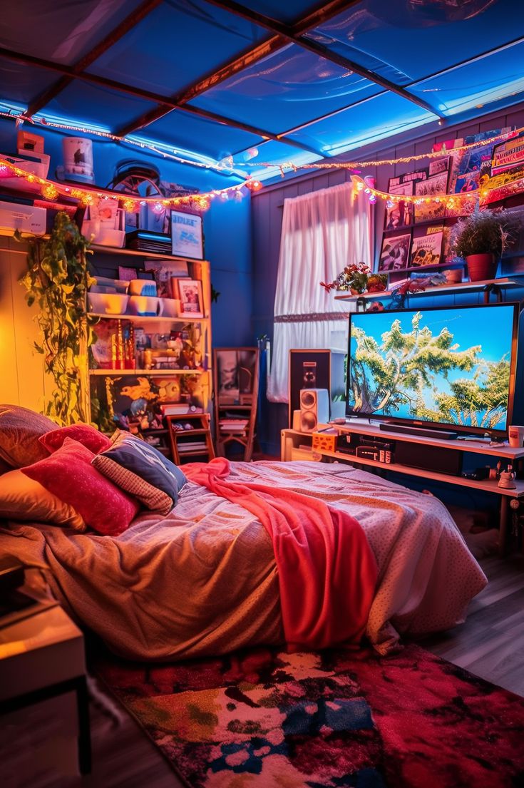 a bed room with a neatly made bed and a flat screen tv on the wall