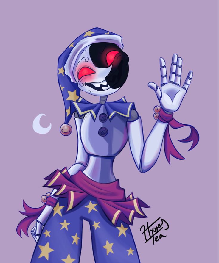 a drawing of a woman dressed in blue and purple with stars on her body, holding up