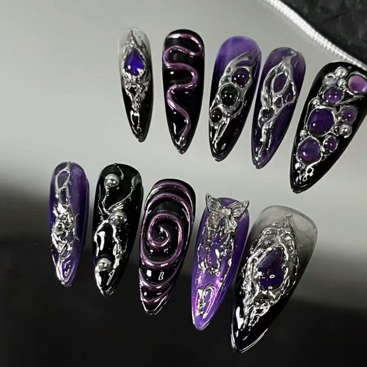 Hello welcome to my shop. I only use high-quality materials to create a luxurious nail press that you can trust to be strong and long-lasting. Hope you can find your favorite nails. My nails will last: Use adhesive sheets (provided with nail kit) for 1-2 days Use nail glue for 2-3 weeks. All nails can be reused multiple times if you take good care of them. If you would like a custom size, please fill out the personalization section under product options. If you're not sure how to measure your na Black And Purple Nails, Purple Chrome Nails, Fake Nails Designs, Chrome Nails Designs, Punk Nails, Gothic Nails, Goth Nails, Pretty Gel Nails, Unique Acrylic Nails