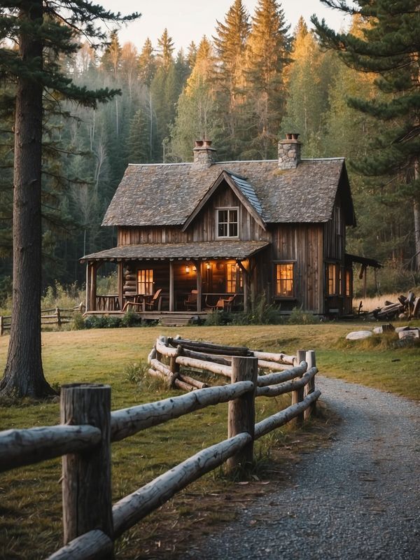 a log cabin in the woods with a path leading to it and a wooden fence