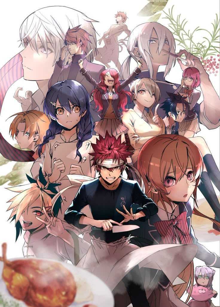 an anime poster with many different characters and food in front of them on the table