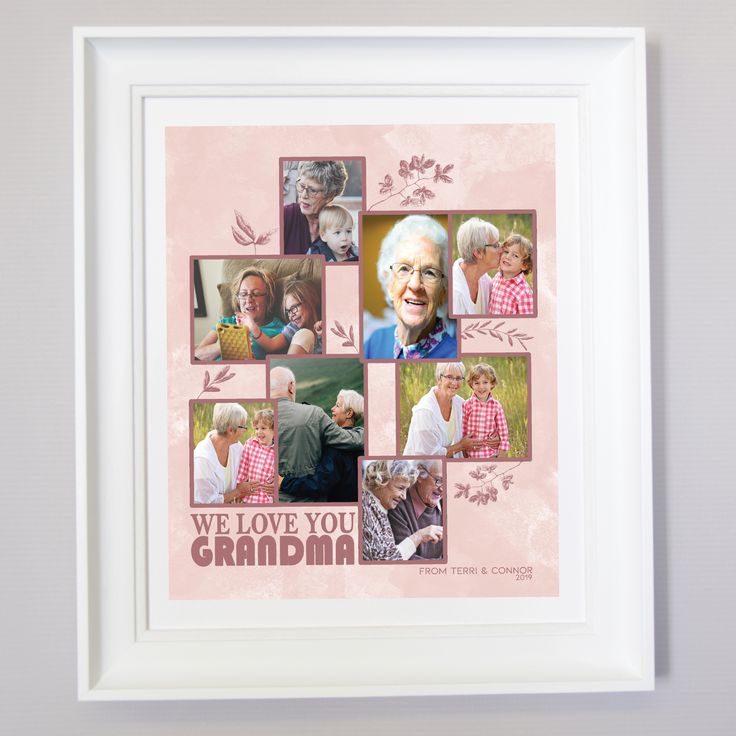 a framed photo with the words, we love you grandma and pictures of elderly people