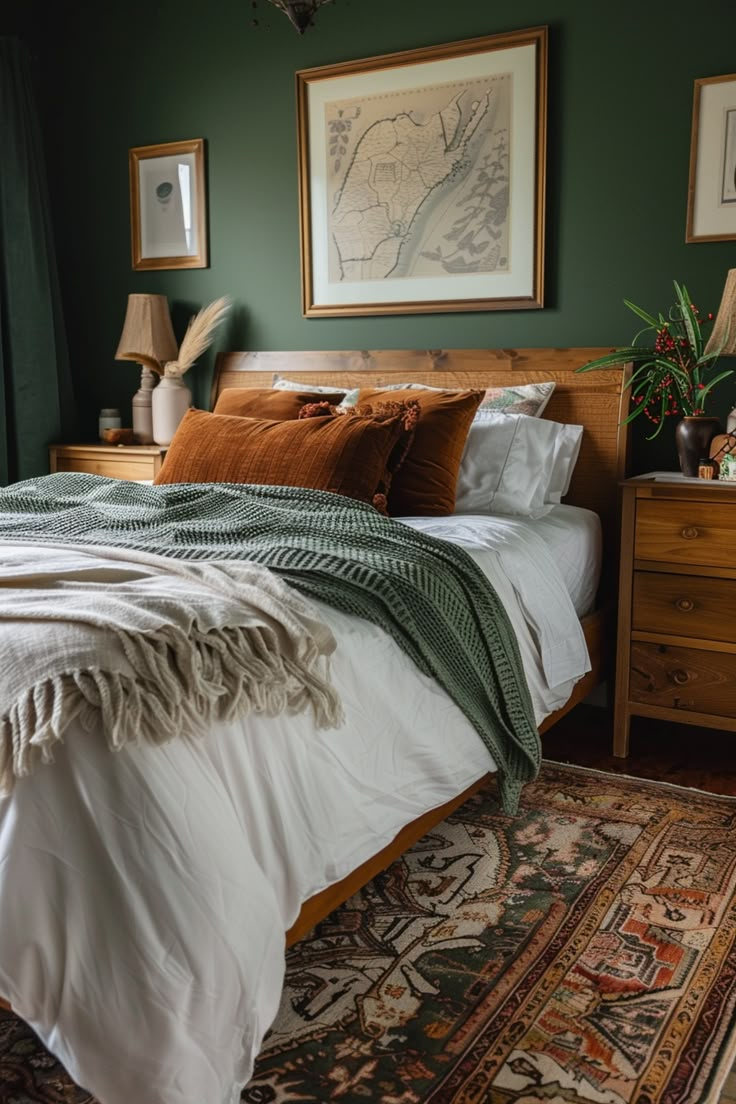 Cozy sage green bedroom featuring sage green walls, wooden furniture, and earth-toned accents, perfect for green bedroom decor inspiration. Green And Orange Bedroom, Arizona Apartment, Pnw Cabin, Goodnight Sweetheart, Eclectic Inspiration, 2024 Bedroom, Earthy Bedroom, Sage Green Bedroom, Decor Ideas Bedroom