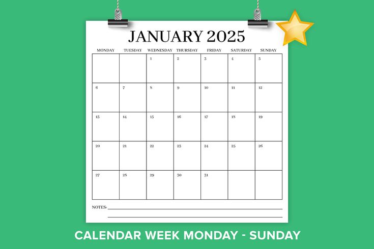 a calendar with the word january on it and a yellow star above it that reads,'calendar week monday - sunday '