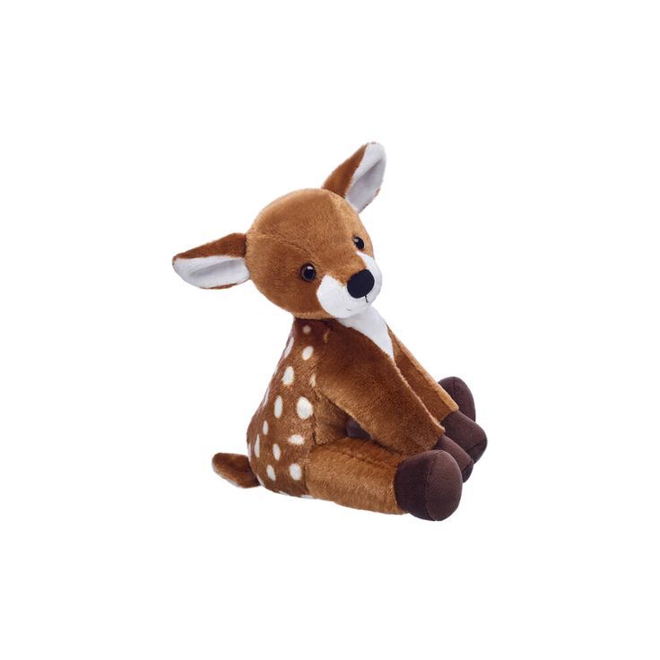 a small stuffed deer sitting up against a white background