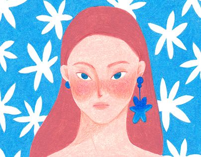 a painting of a woman with red hair and blue earrings on her head is surrounded by white flowers