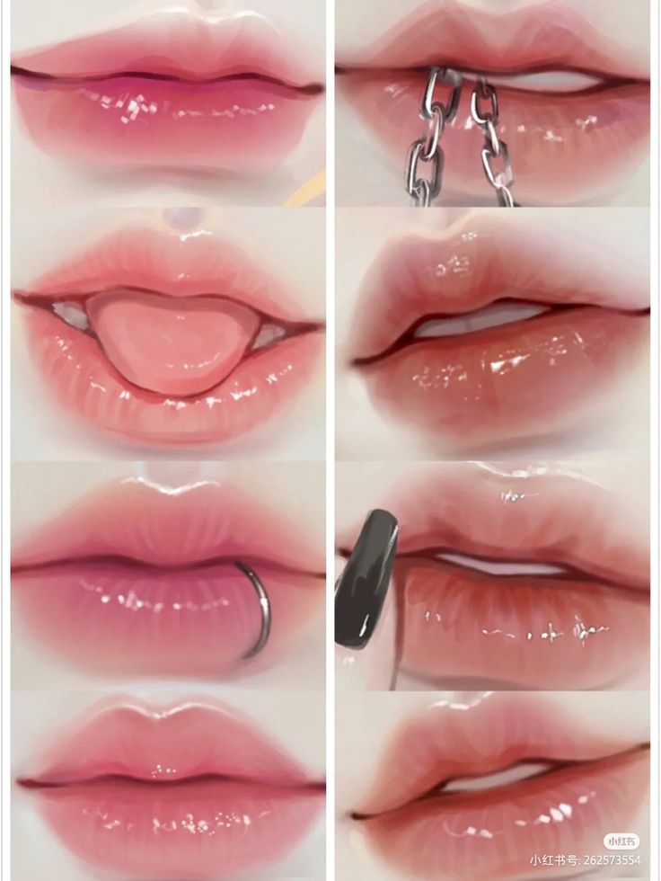 several images of different lips with chains attached to the lip and one has a hook on it