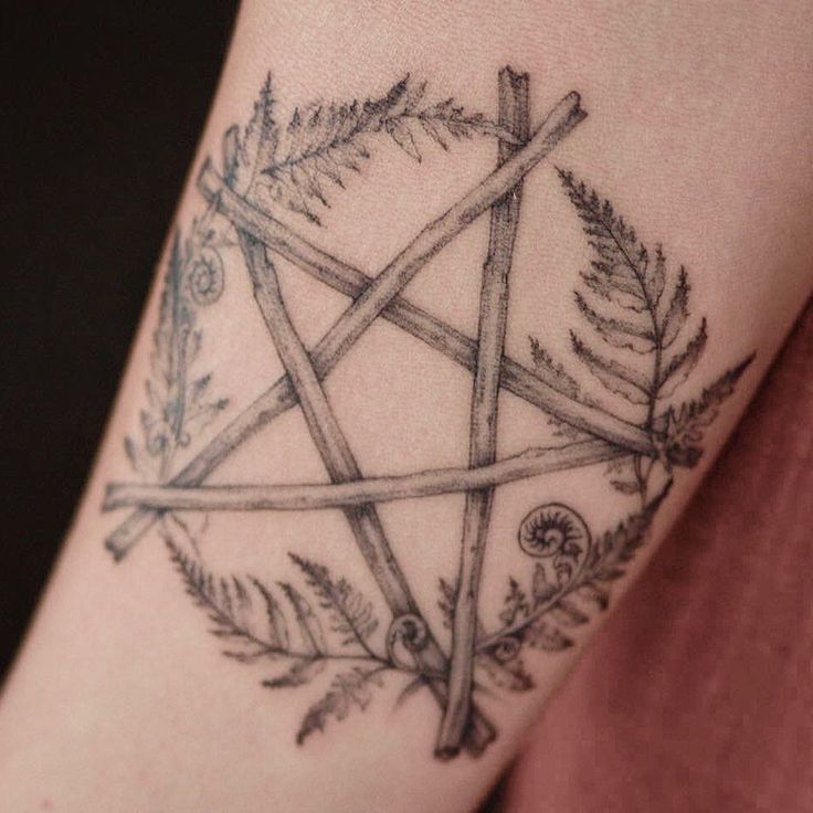 fern, pentagram, tattoo on the arm Amulet Tattoo, Pentagram Tattoo, Pagan Tattoo, Fern Tattoo, Minimal Tattoo Design, Female Tattoos, Magic Tattoo, Vine Tattoos, Nature Tattoos