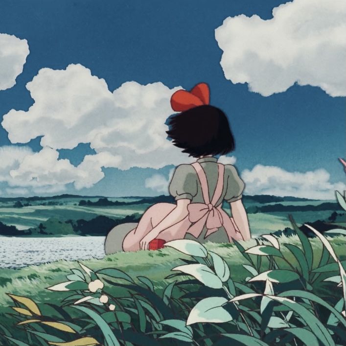 two anime characters sitting on the grass looking at something in the sky with clouds above them