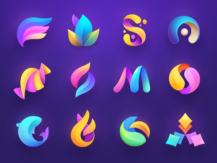 colorful abstract shapes on a purple background with the letter s in different sizes and colors