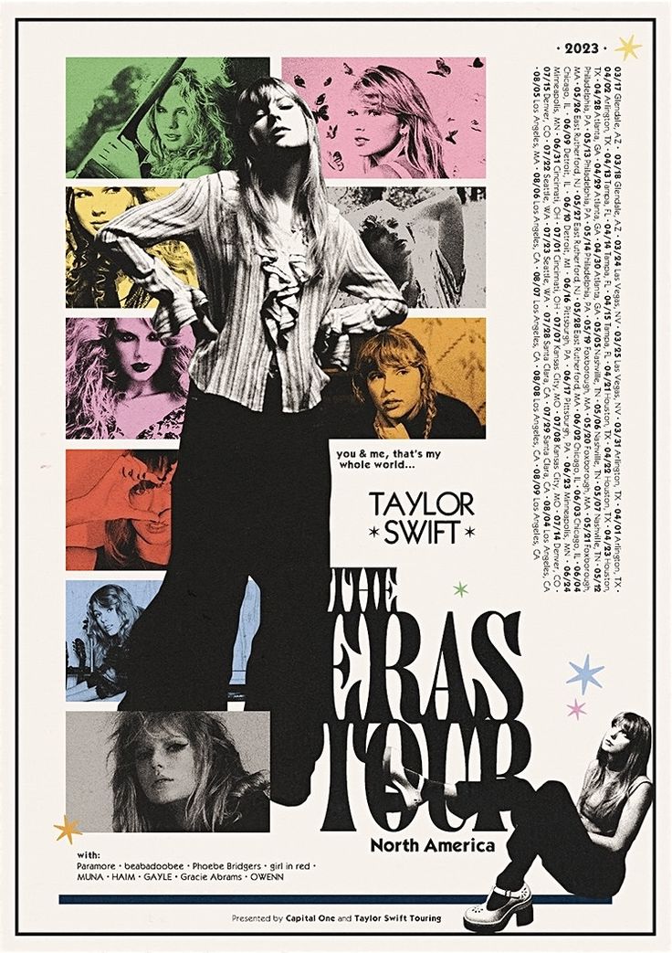 a movie poster for the eras tour with taylor swift and other cast members in color