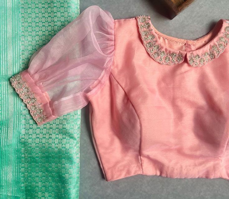 Organza Blouse Work Designs, Blouse For Pink Organza Saree, Maggam Work Blouse Designs Latest Net, Organza Blouse Designs Latest Back, Feeding Blouse Design For Saree, Blouse Designs For Net Blouse, Collar Neck Designs For Blouse, Blouse Designs Organza Saree, Organza Blouse Designs Latest