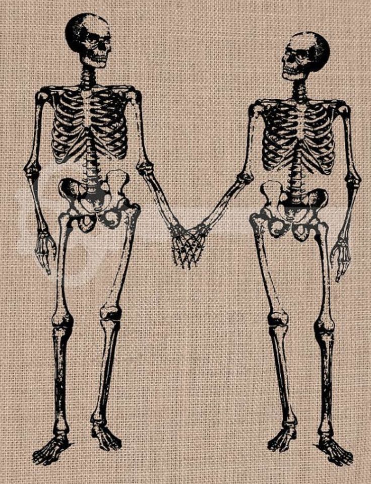 two skeletons standing next to each other holding hands