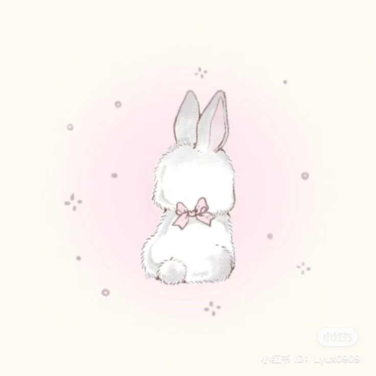 a white rabbit with a pink bow on its head sitting in front of a light pink background