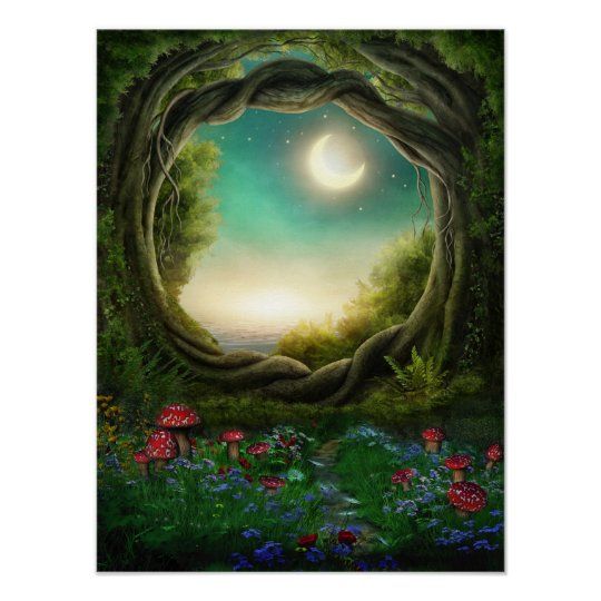 a greeting card with an image of a tree trunk and the moon in the sky