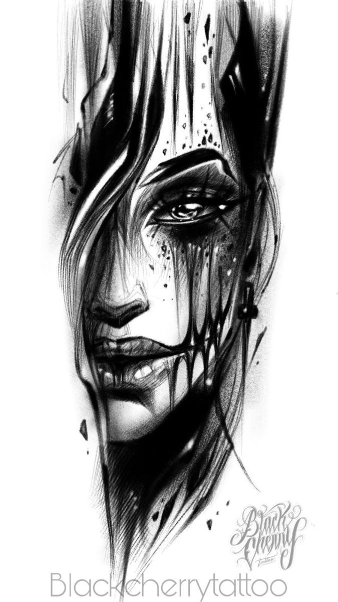 a black and white drawing of a woman's face with blood dripping from her eyes