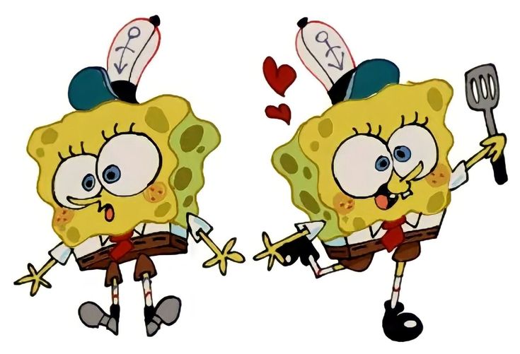 two cartoon characters dressed as spongebob holding utensils, one in the shape of a heart