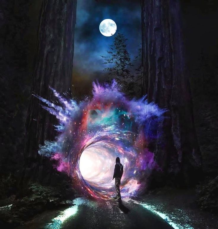 a man standing in the middle of a forest under a full moon filled night sky