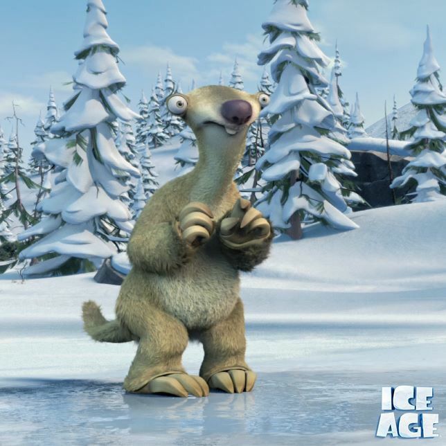 an ice age character standing in front of snow covered trees