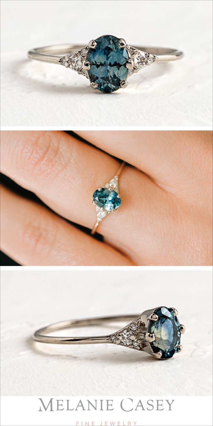 three different views of an engagement ring with blue and white diamonds on the side, one in