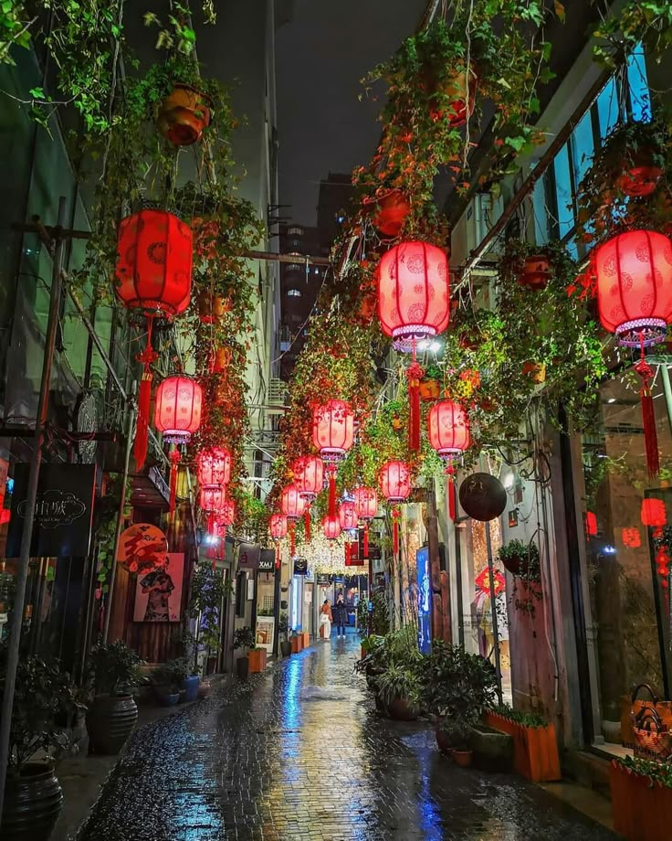 an alley with red lanterns hanging from the ceiling and potted plants on either side