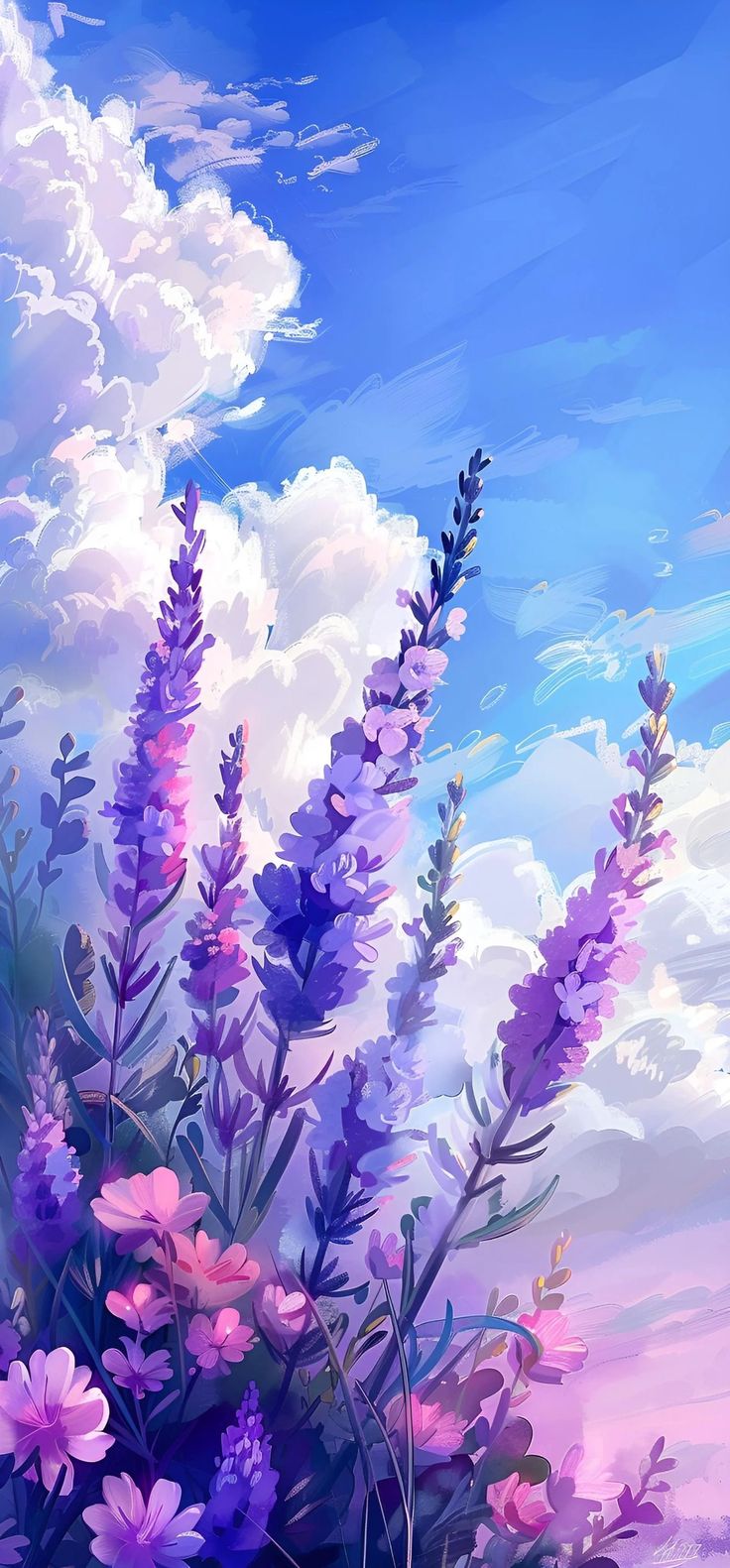 some purple flowers and clouds in the sky