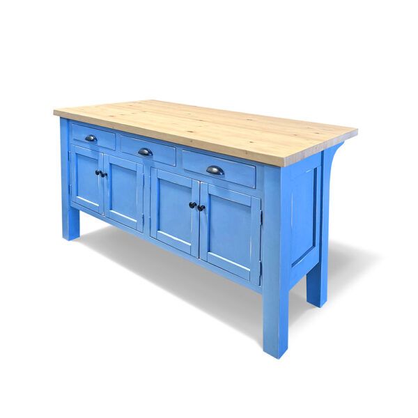 a blue kitchen island with wooden top and drawers