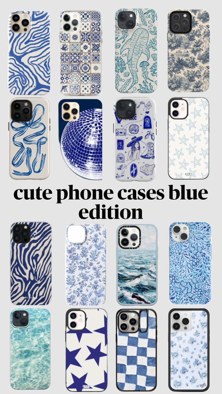 an advertisement for cell phone cases in blue and white colors, with the words cute phone cases