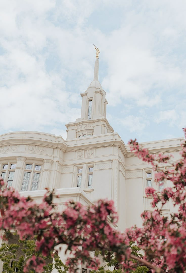 a large white building with pink flowers in the foreground