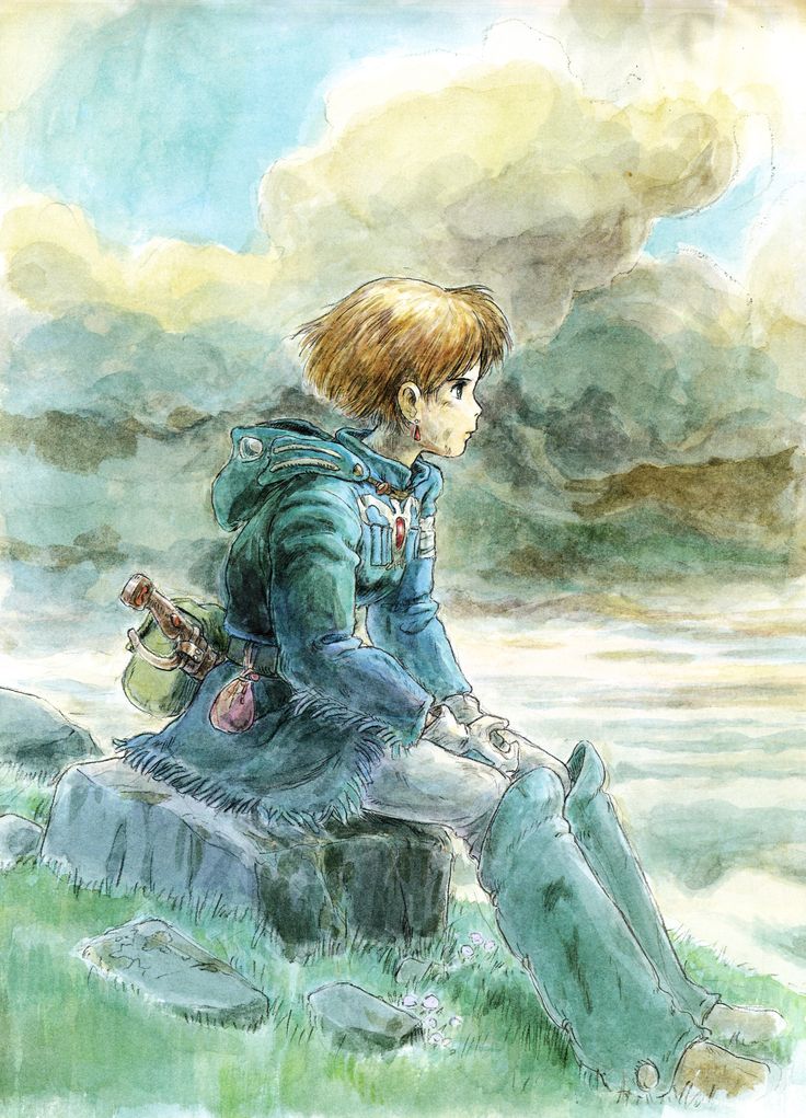 a boy sitting on top of a rock next to a body of water with clouds in the background