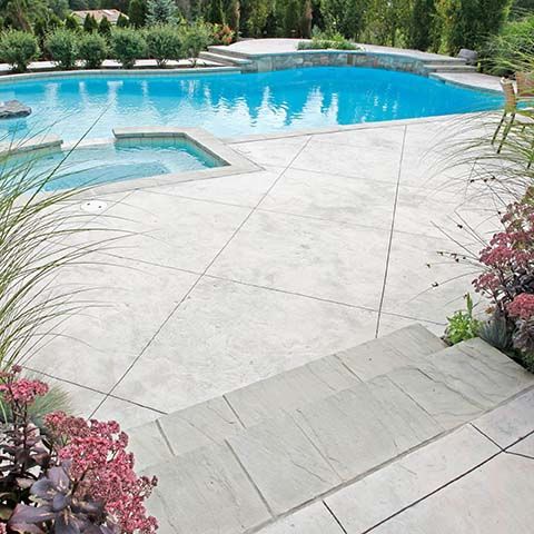 an empty swimming pool surrounded by plants and flowers