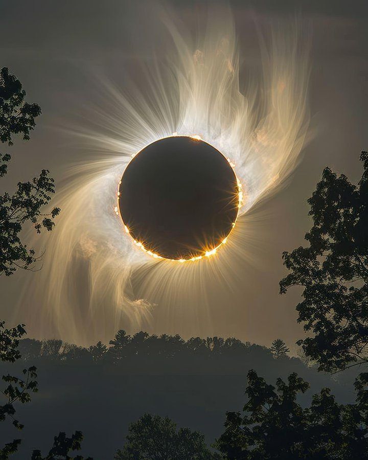 the sun's corona eclipse is seen through trees