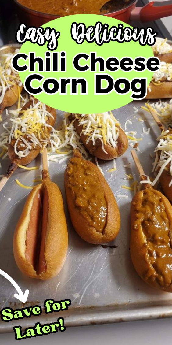 some chili cheese corn dogs are on a tray