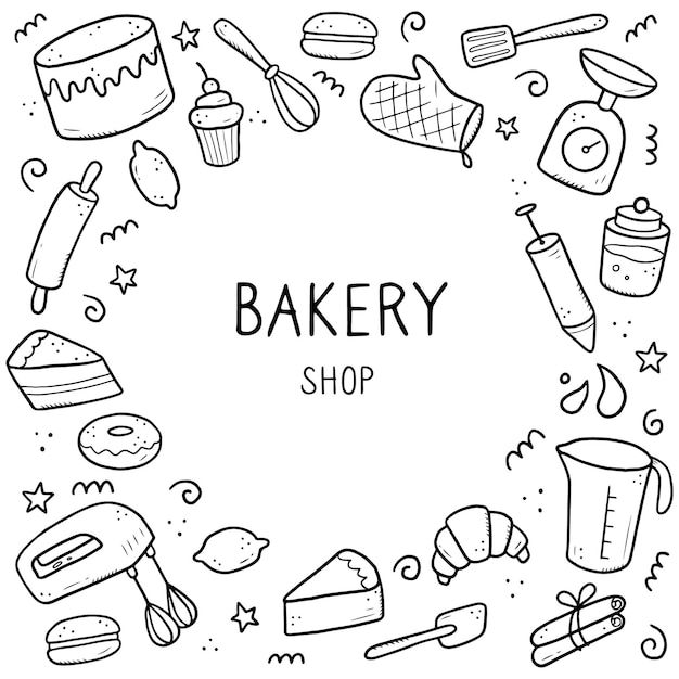 the bakery shop logo is surrounded by hand drawn items