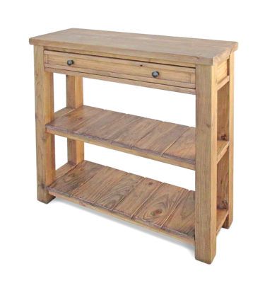 a wooden shelf with two drawers on one side and an open drawer on the other