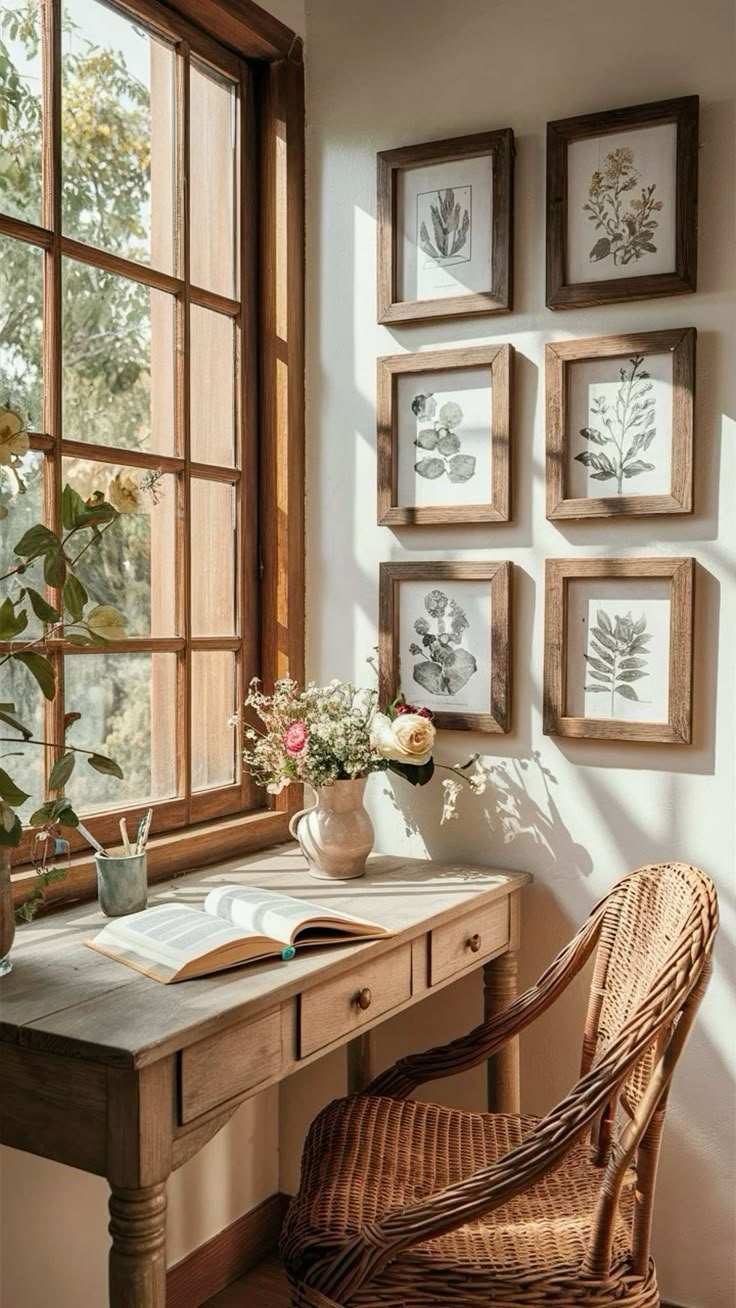 a wooden desk sitting in front of a window with pictures on the wall above it