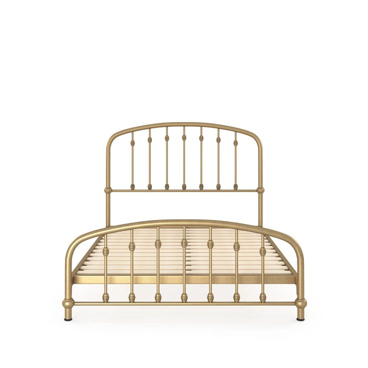 a metal bed frame with gold colored headboard and foot board on an isolated white background