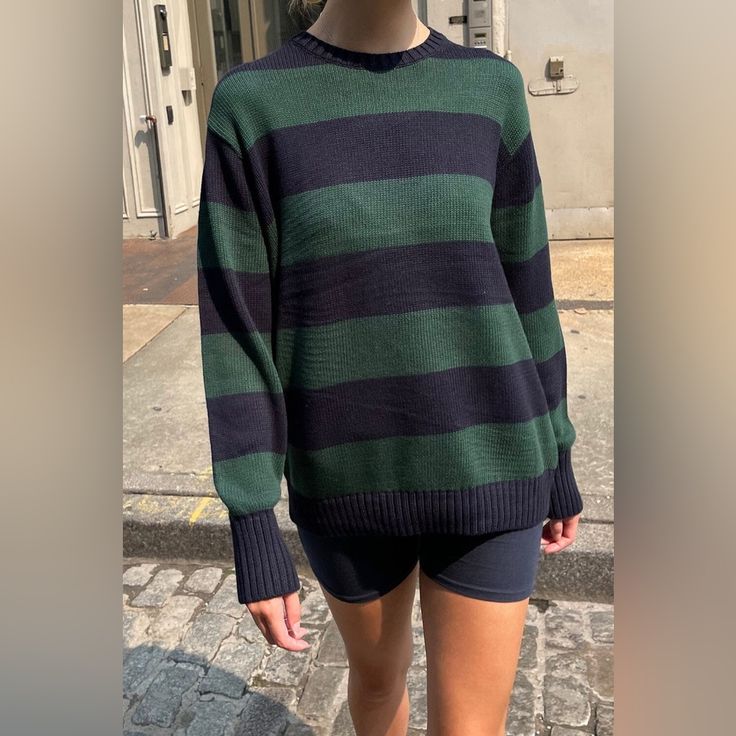 Price Firm Navy Blue And Dark Green Stripes Wilhelm Blue Sweater, Baggy Tops, Oversized Striped Sweater, Streetwear Girl, Striped Sweatshirts, Vintage Soft, Drop Shoulder Sweaters, Cotton Pullover, Women Sleeve