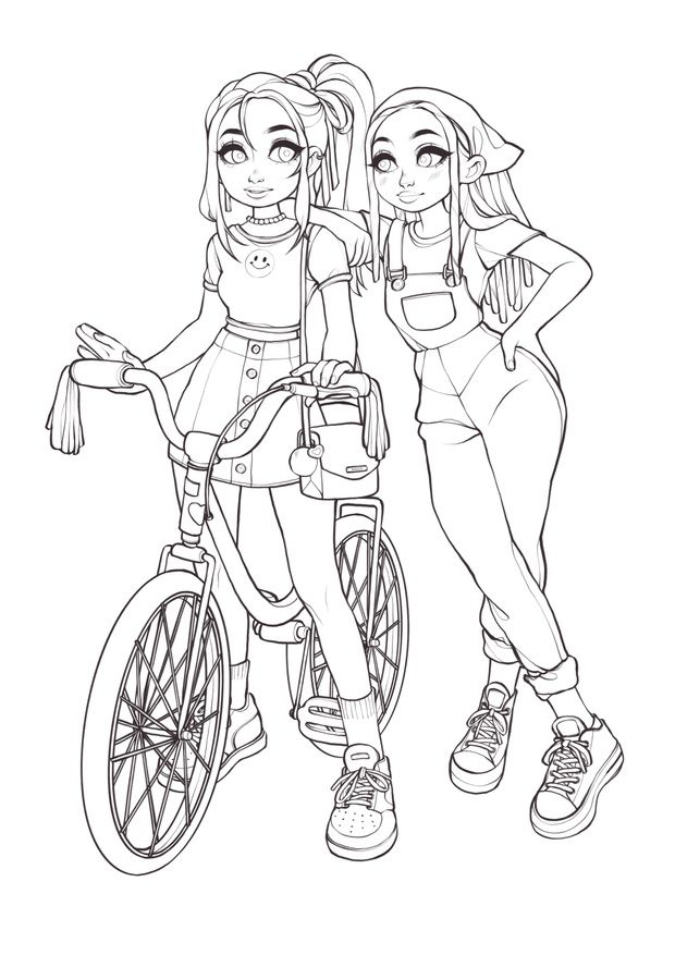 two girls on bikes with their arms around each other, one is holding the handlebars